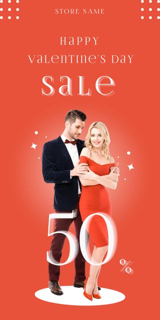 Valentine's Day Sale and Discount with Couple in Love on Red Graphic Design Template