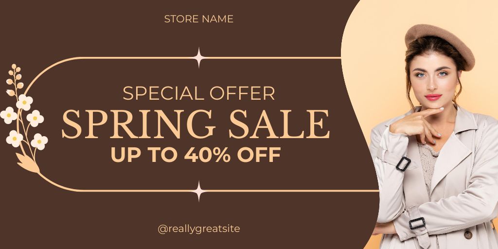 Spring Sale with Brunette in Hat Twitter tervezősablon