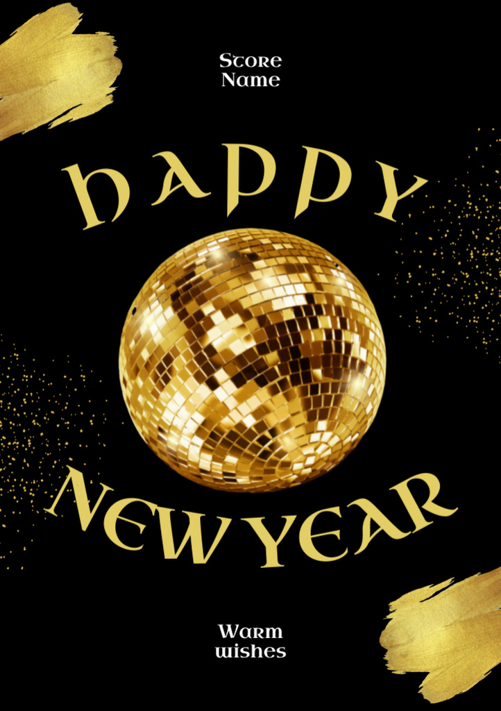 New Year Holiday Greeting with Golden Disco Ball Postcard A5 Vertical Tasarım Şablonu
