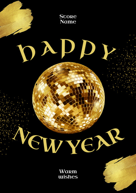 New Year Holiday Greeting with Golden Disco Ball Postcard A5 Vertical – шаблон для дизайна