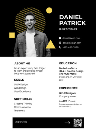 Szablon projektu Umiejętności i doświadczenie projektanta stron internetowych na czarno Resume