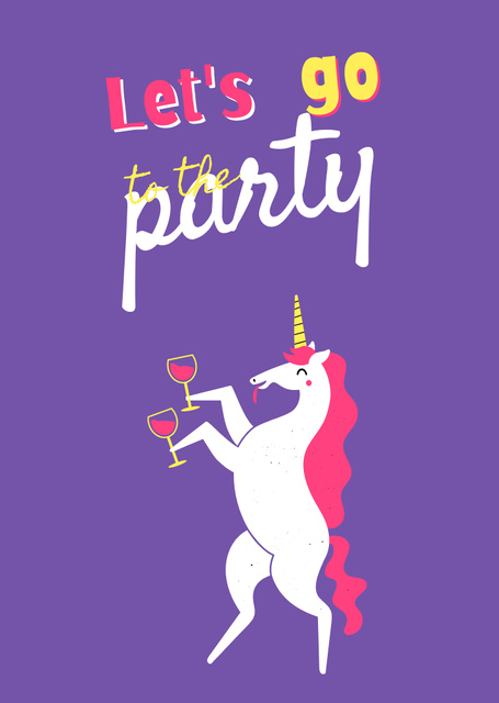 Plantilla de diseño de Party Announcement And Unicorn With Wineglasses Postcard A6 Vertical 