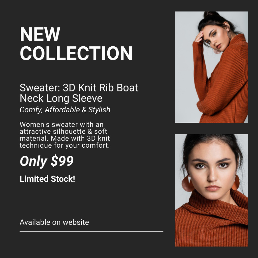 New Fashion Collection with Woman in Brown Sweater Instagram Design Template