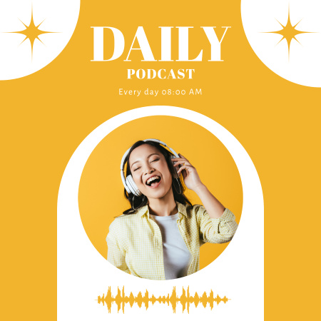 Platilla de diseño Happy Girl with Headphones on a Yellow Background  Podcast Cover