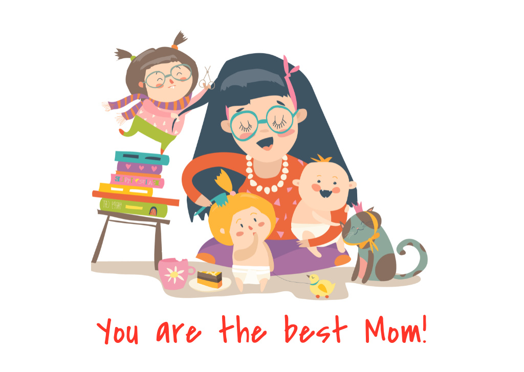 Mother's Day Holiday Greeting With Cute Family Illustration Postcard Design Template