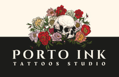 Tattoos Studio With Sketch Flowers And Skull