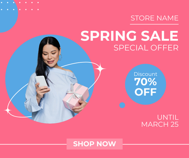 Special Spring Sale Offer with Young Beautiful Brunette Facebook Šablona návrhu