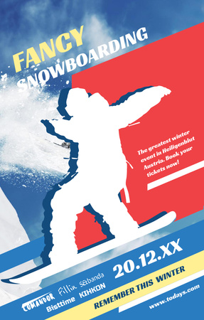 Platilla de diseño Snowboard Event announcement Man riding in Snowy Mountains Invitation 4.6x7.2in