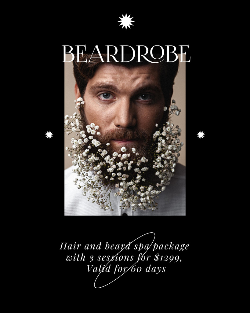 Advanced Barbershop Ad with Man with Flowers in Beard In Black Poster 16x20in – шаблон для дизайну