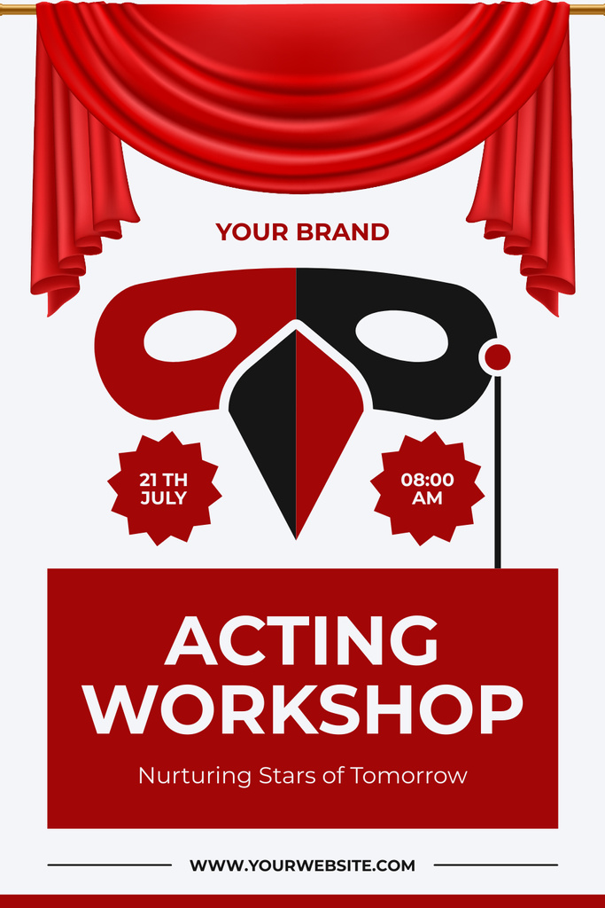 Acting Workshop Announcement with Red Mask Pinterest Modelo de Design