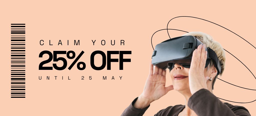 Offer of Discount with Woman in Virtual Reality Glasses Coupon 3.75x8.25in Šablona návrhu