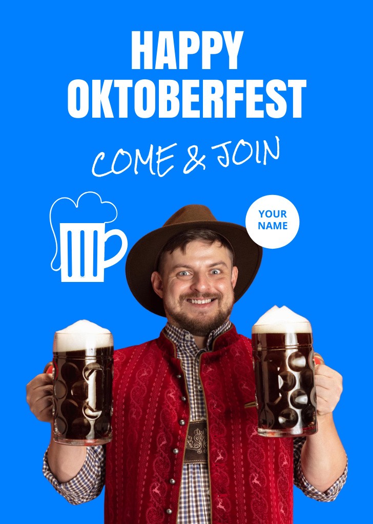 Oktoberfest Celebration Announcement With Beer Glasses Postcard A6 Vertical Design Template