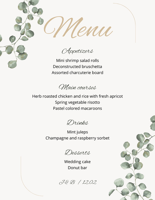 Neutral Wedding Food List with Green Watercolor Leaves Menu 8.5x11in Tasarım Şablonu