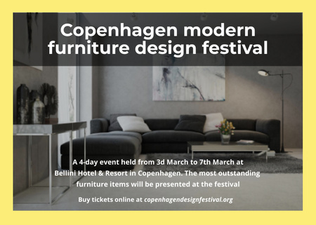Designvorlage Ankündigung eines Möbeldesign-Ereignisses mit Sofa in Grau für Postcard 5x7in