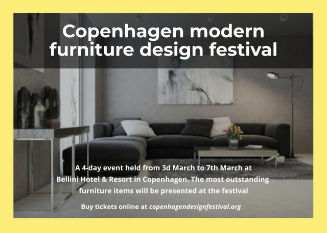 Szablon projektu Furniture Design Event Announcement With Sofa In Grey Postcard 5x7in
