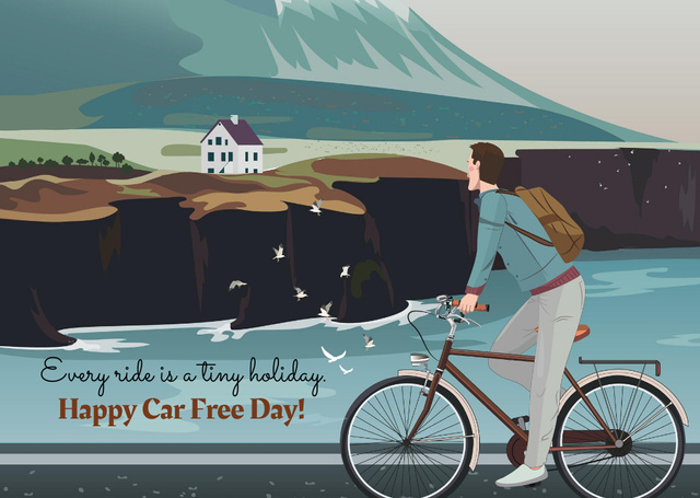 Ontwerpsjabloon van Postcard van Car free day with Man on bicycle in Scenic Mountains