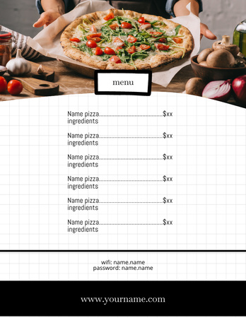 Designvorlage Preisangebot für appetitliche Pizzasorten für Menu 8.5x11in