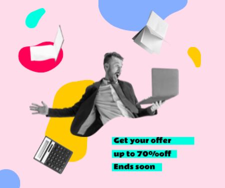 Template di design Funny Businessman with Laptop and Flying Books and Calculator Large Rectangle