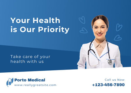 Medical Center Ad with Friendly Doctor Card Design Template