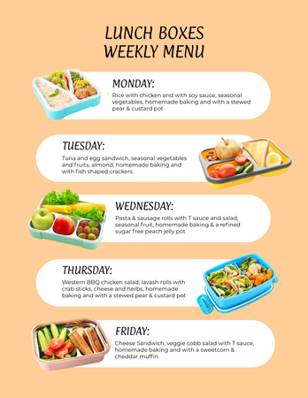 Lunch Boxes Weekly Menu For Kids Menu 8.5x11in Design Template