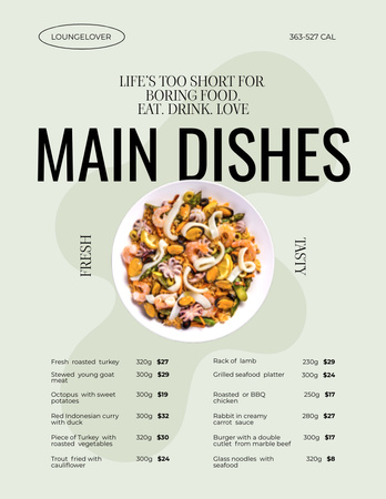 Anúncio do menu de comida em cinza Menu 8.5x11in Modelo de Design