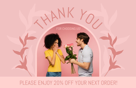 Designvorlage Thank You Phrase with Man Giving Flowers to Woman on Pink Background für Thank You Card 5.5x8.5in