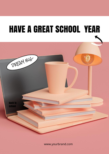 Back to School Announcement with Pink Books and Laptop Postcard A6 Verticalデザインテンプレート