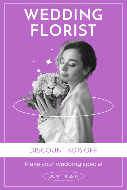 Designvorlage Discount on Wedding Bouquets with Bride on Purple für Pinterest
