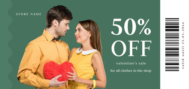 Plantilla de diseño de Ad of Sale on Valentine's Day with Beautiful Couple in Love Coupon Din Large 