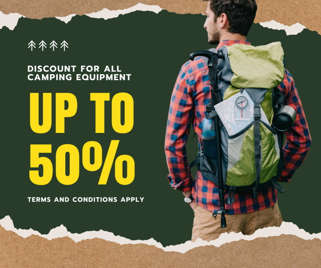 Platilla de diseño Camping Equipment Ad with Man in Travel Backpack Medium Rectangle
