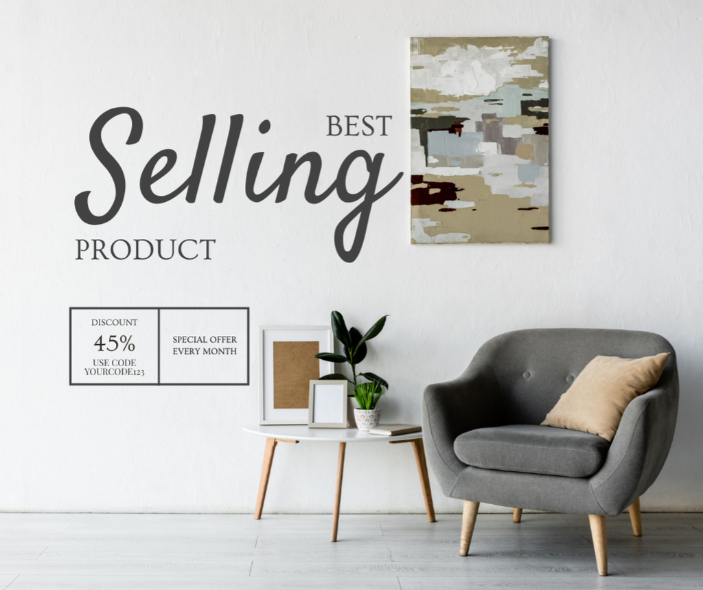 Furniture Sale Ad with Stylish Armchair And Artwork Facebook tervezősablon