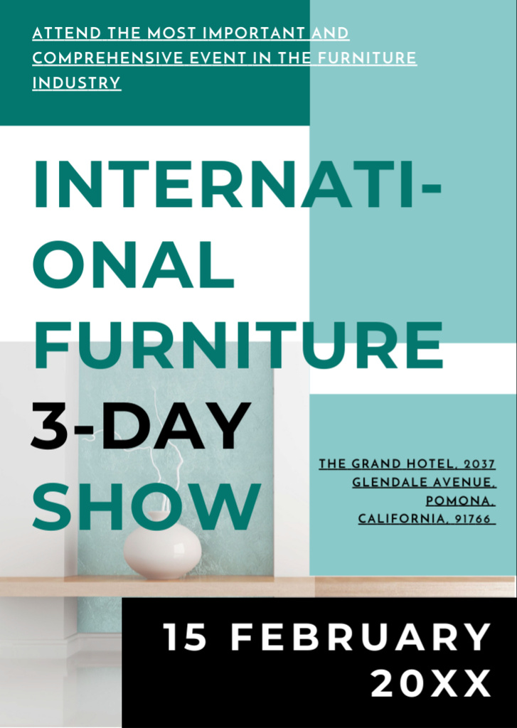 Furniture Show Announcement with Decorative Vase on Green Flyer A6 tervezősablon