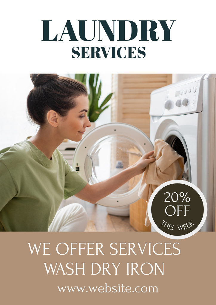 Discount Offer for Laundry Services with Woman Poster Tasarım Şablonu