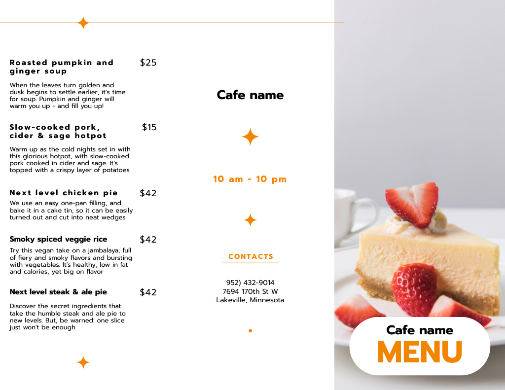 Template di design Cheesecake With Strawberry And Café Dish List Menu 11x8.5in Tri-Fold