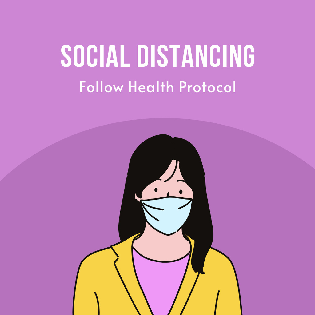Motivation of Social Distancing with Woman in Mask on Purple Instagram tervezősablon