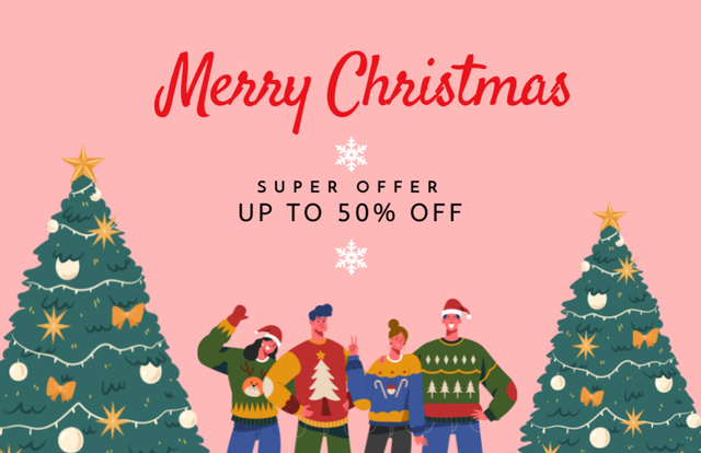 People at Christmas Party And Discounts Offer In Pink Thank You Card 5.5x8.5in – шаблон для дизайну