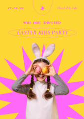 Easter Party Invitation with Funny Little Girl with Colored Eggs