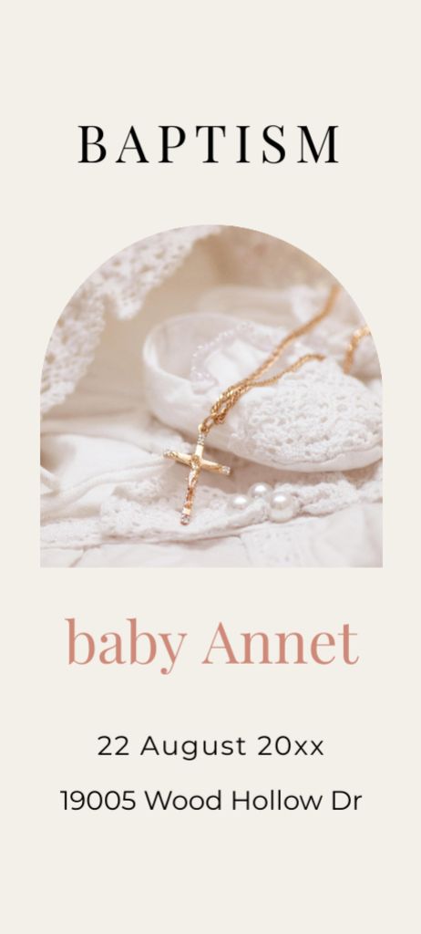 Baptism Announcement with Baby Shoes and Cross Invitation 9.5x21cmデザインテンプレート