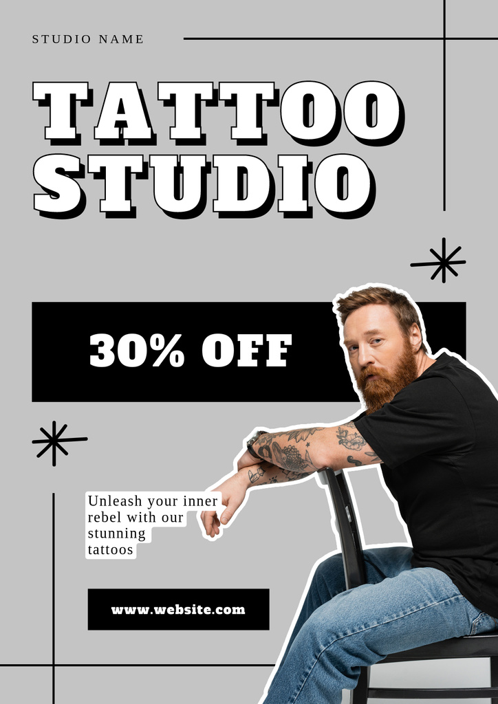 Professional Tattoo Studio With Discount In Gray Poster – шаблон для дизайна