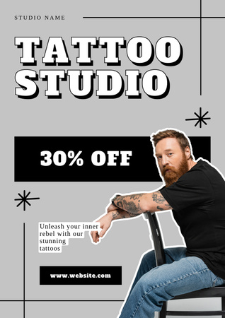 Designvorlage Professionelles Tattoo-Studio mit Rabatt in Grau für Poster