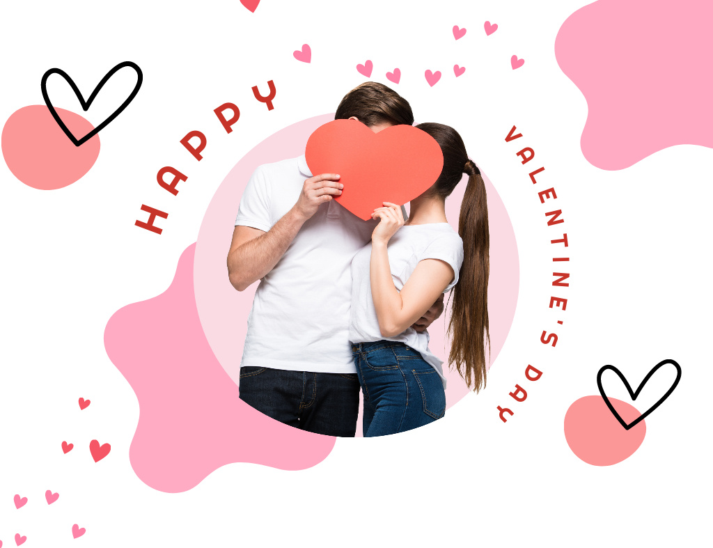 Designvorlage Valentine's Day Greetings with Kissing Couple in Love für Thank You Card 5.5x4in Horizontal