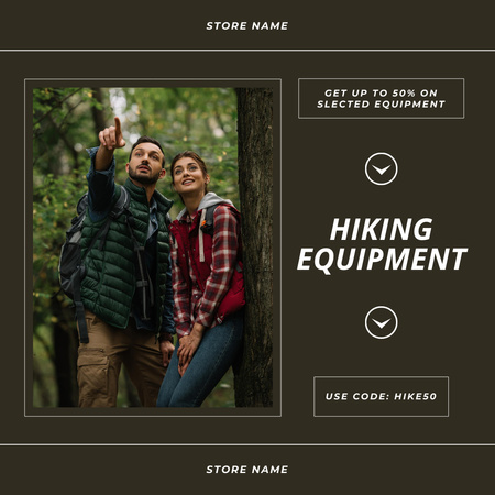 Designvorlage Ad of Hiking Equipment with Couple in Forest für Instagram AD