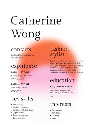 Szablon projektu Umiejętności i doświadczenie stylisty mody w zakresie jasnych plam Resume