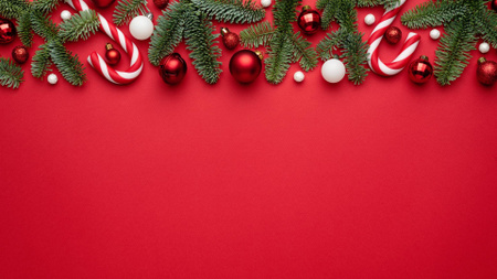 Platilla de diseño Christmas Candy Cane And Decorated Twigs In Red Zoom Background