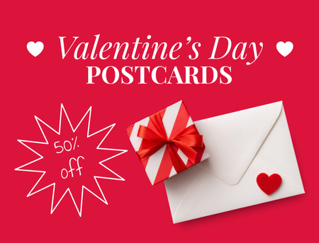 Valentine's Day Discount Announcement with Gift and Envelope Postcard 4.2x5.5in Design Template