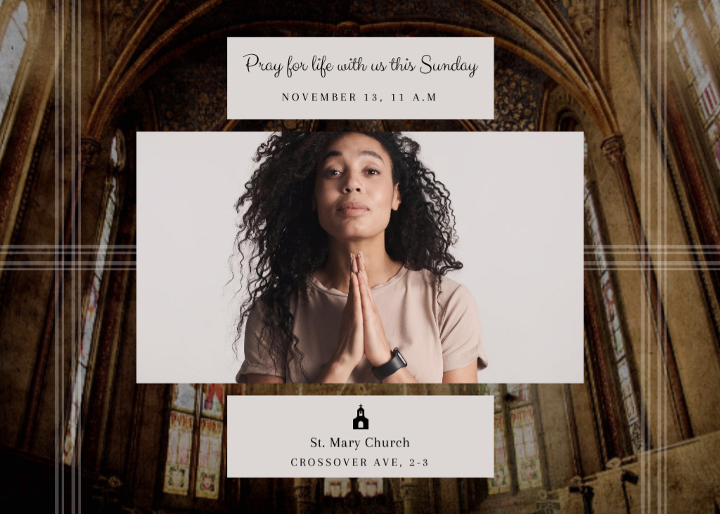 Church Worship On Sunday Announcement with Praying Woman Flyer 5x7in Horizontal Design Template
