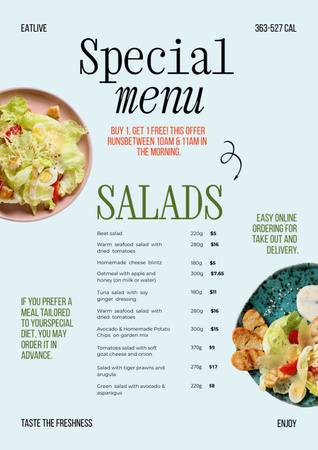 Plantilla de diseño de Yummy Salads List With Description And Prices Offer Menu 
