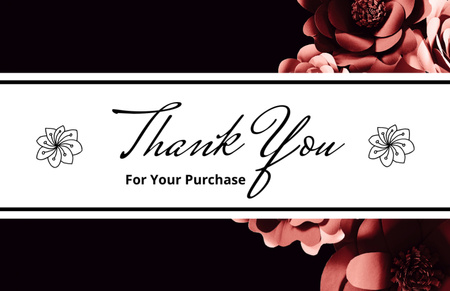 Plantilla de diseño de Thank You for Your Purchase Message with Red Paper Flowers on Black Thank You Card 5.5x8.5in 
