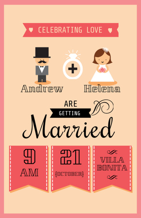 Wedding Event With Groom And Bride Cute Icons Invitation 5.5x8.5in Design Template