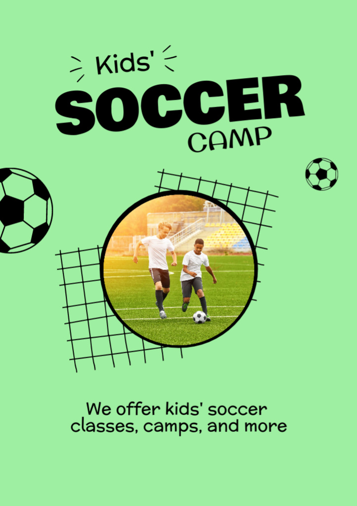 Kids' Soccer Camp Ad on Green Flyer A7デザインテンプレート